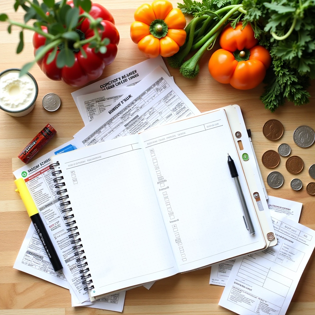 Budget Basket Canada editorial workspace with grocery planning materials, budget notebooks, and pricing guides on a wooden desk