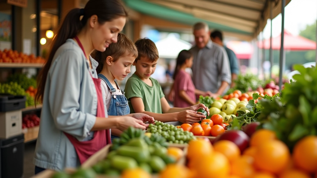 Family shopping at farmers market, selecting fresh produce