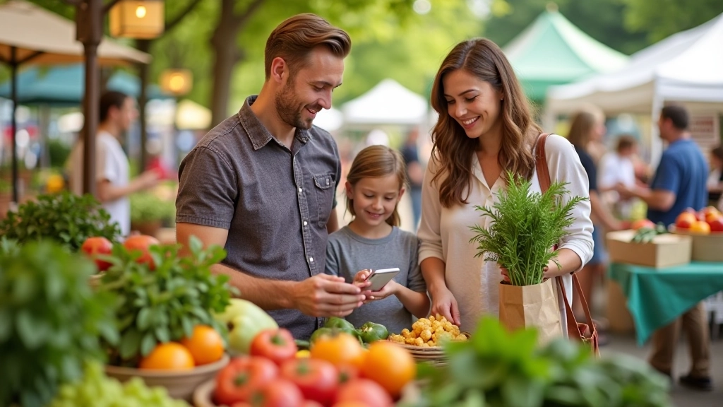 Family grocery shopping together at a farmers market in Toronto