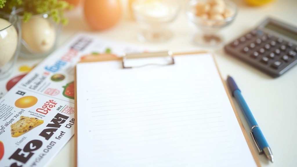 Shopping list written on paper next to open grocery flyer, calculator and pen on kitchen table, budget planning