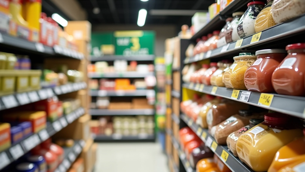Grocery store shelves stocked with various products, clear price tags visible on items, bright fluorescent lighting