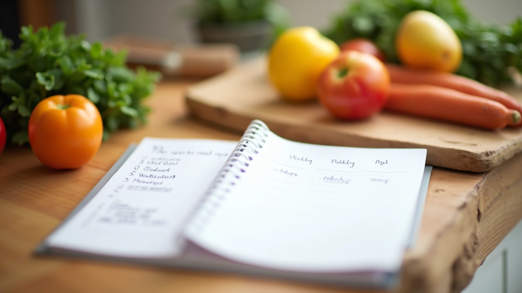 Meal planning notebook open on kitchen counter with grocery list