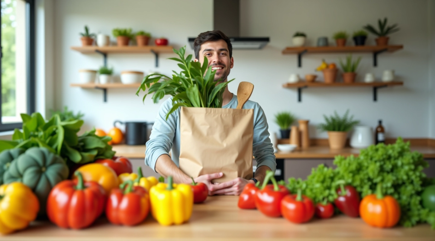 Fresh groceries and meal planning materials organized on kitchen counter